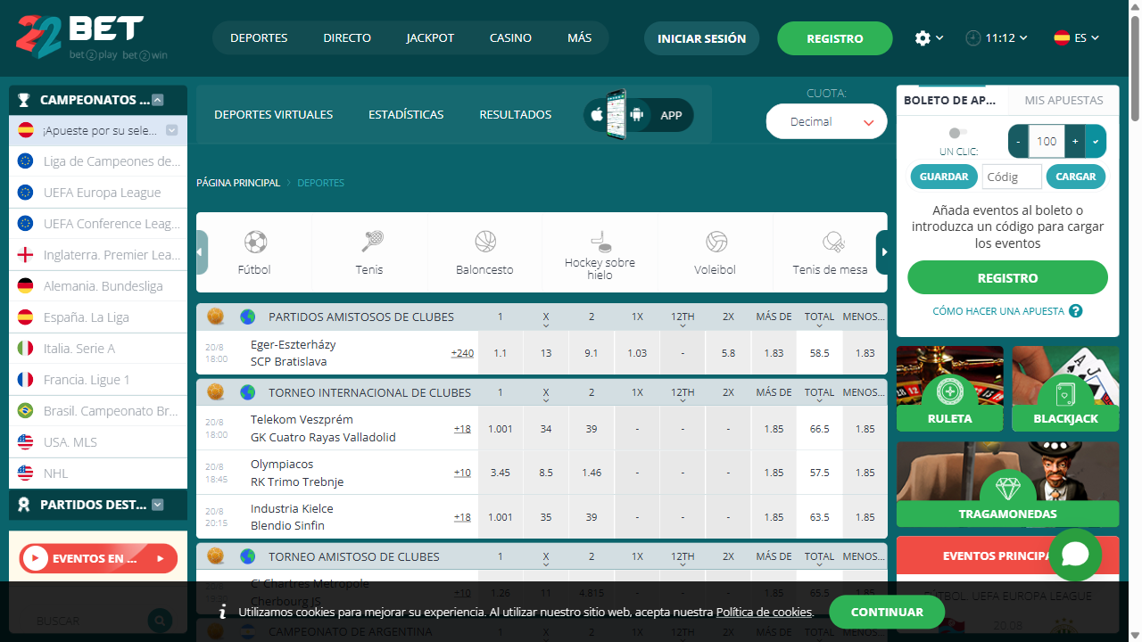 Captura 1 de la web de 22bet en español