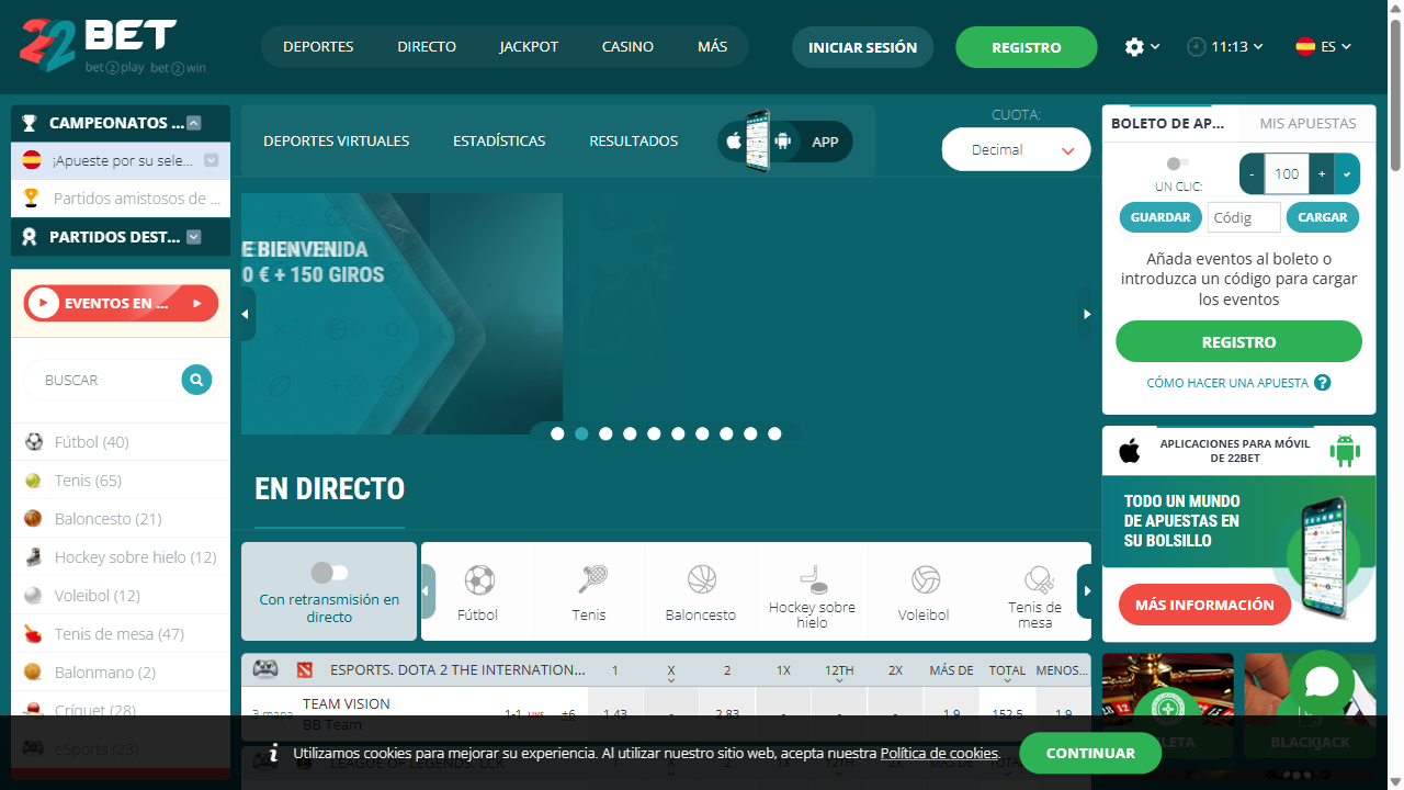 Captura 2 de la web de 22bet en español